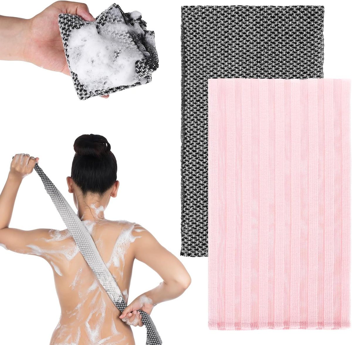 2PCS Exfoliating Washcloth Shower Towels, Exfoliating Body Scrubber Back Scrubber for Shower Japanese Washcloth Bath Wash Cloth Exfoliation Luffah Towel Loofah Sponge Loofah Scrub (Black, Pink)