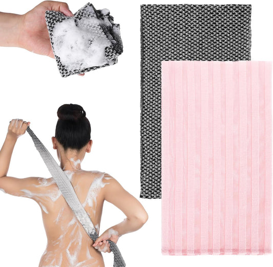 2PCS Exfoliating Washcloth Shower Towels, Exfoliating Body Scrubber Back Scrubber for Shower Japanese Washcloth Bath Wash Cloth Exfoliation Luffah Towel Loofah Sponge Loofah Scrub (Black, Pink)