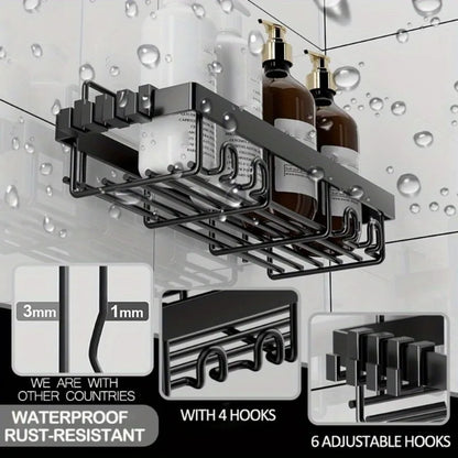 6 Pack Shower Caddy Shelf Organizer Rack, Self Adhesive Black Bathroom Shelves Basket, Bathroom Accessory Decor Set, No Drilling