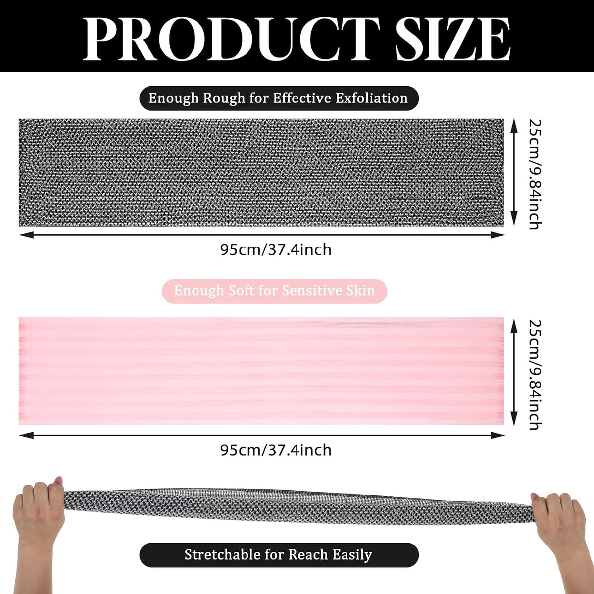 2PCS Exfoliating Washcloth Shower Towels, Exfoliating Body Scrubber Back Scrubber for Shower Japanese Washcloth Bath Wash Cloth Exfoliation Luffah Towel Loofah Sponge Loofah Scrub (Black, Pink)