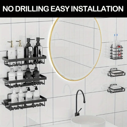 6 Pack Shower Caddy Shelf Organizer Rack, Self Adhesive Black Bathroom Shelves Basket, Bathroom Accessory Decor Set, No Drilling