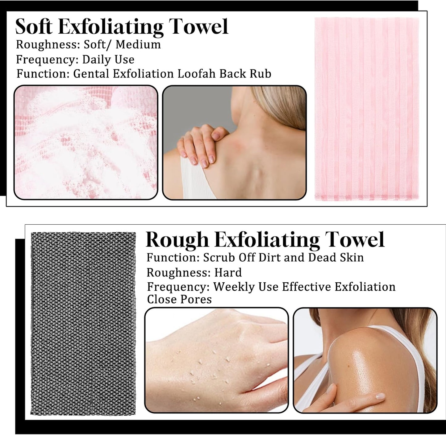 2PCS Exfoliating Washcloth Shower Towels, Exfoliating Body Scrubber Back Scrubber for Shower Japanese Washcloth Bath Wash Cloth Exfoliation Luffah Towel Loofah Sponge Loofah Scrub (Black, Pink)