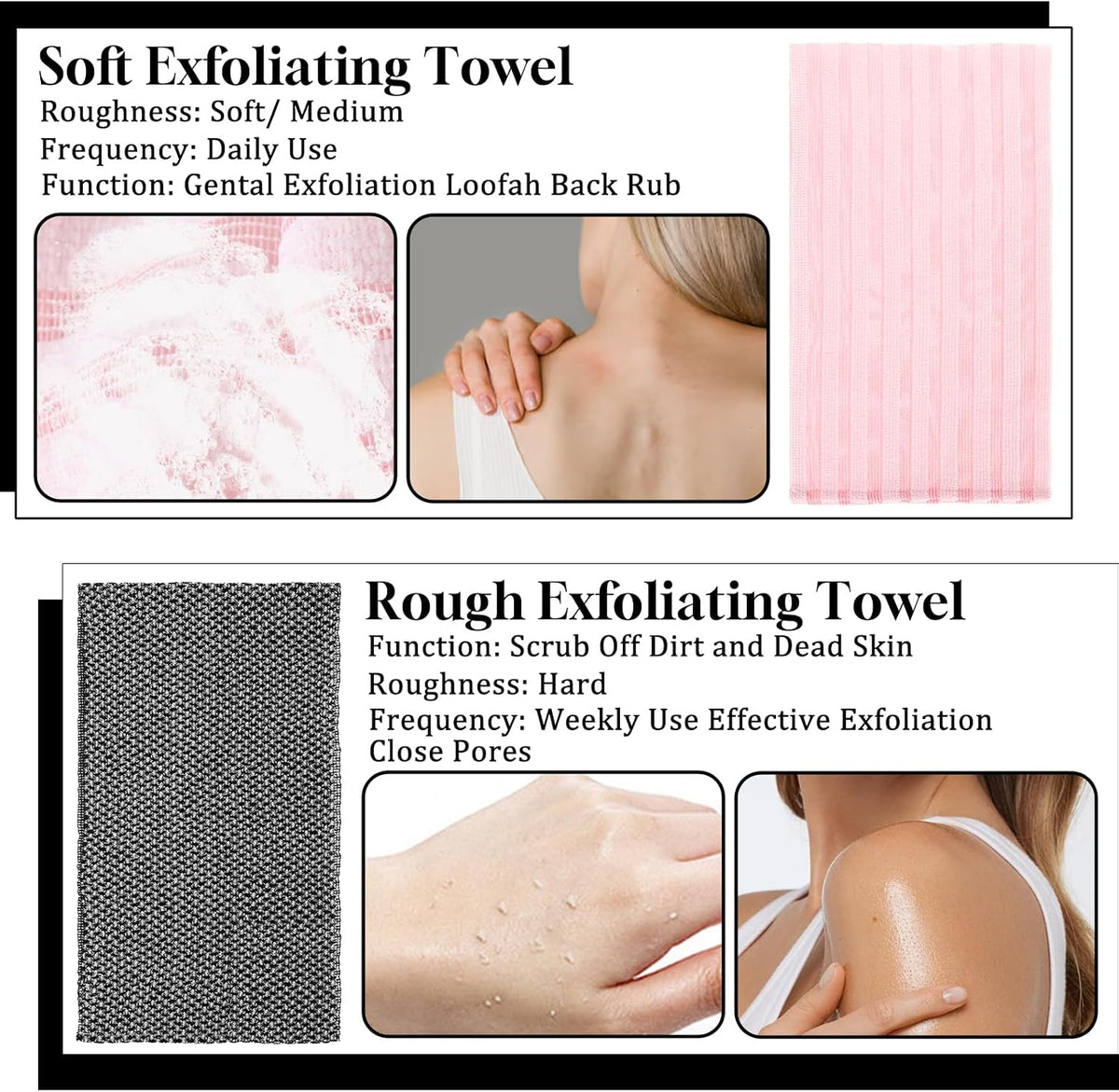 2PCS Exfoliating Washcloth Shower Towels, Exfoliating Body Scrubber Back Scrubber for Shower Japanese Washcloth Bath Wash Cloth Exfoliation Luffah Towel Loofah Sponge Loofah Scrub (Black, Pink)