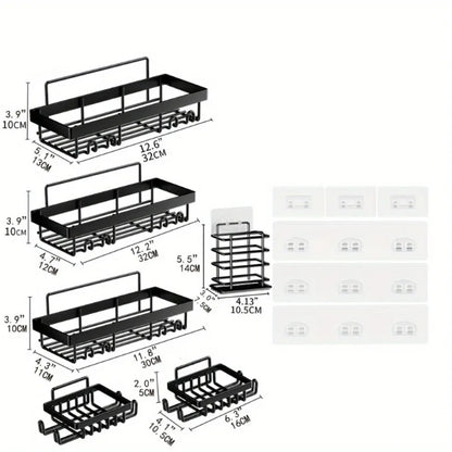 6 Pack Shower Caddy Shelf Organizer Rack, Self Adhesive Black Bathroom Shelves Basket, Bathroom Accessory Decor Set, No Drilling