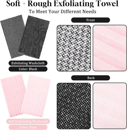 2PCS Exfoliating Washcloth Shower Towels, Exfoliating Body Scrubber Back Scrubber for Shower Japanese Washcloth Bath Wash Cloth Exfoliation Luffah Towel Loofah Sponge Loofah Scrub (Black, Pink)